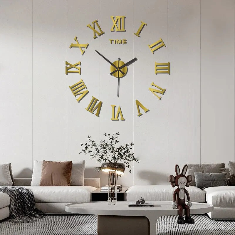 3D Acrylic Roman Numeral Mirror Wall Clock - Large Round DIY Self-Adhesive Design