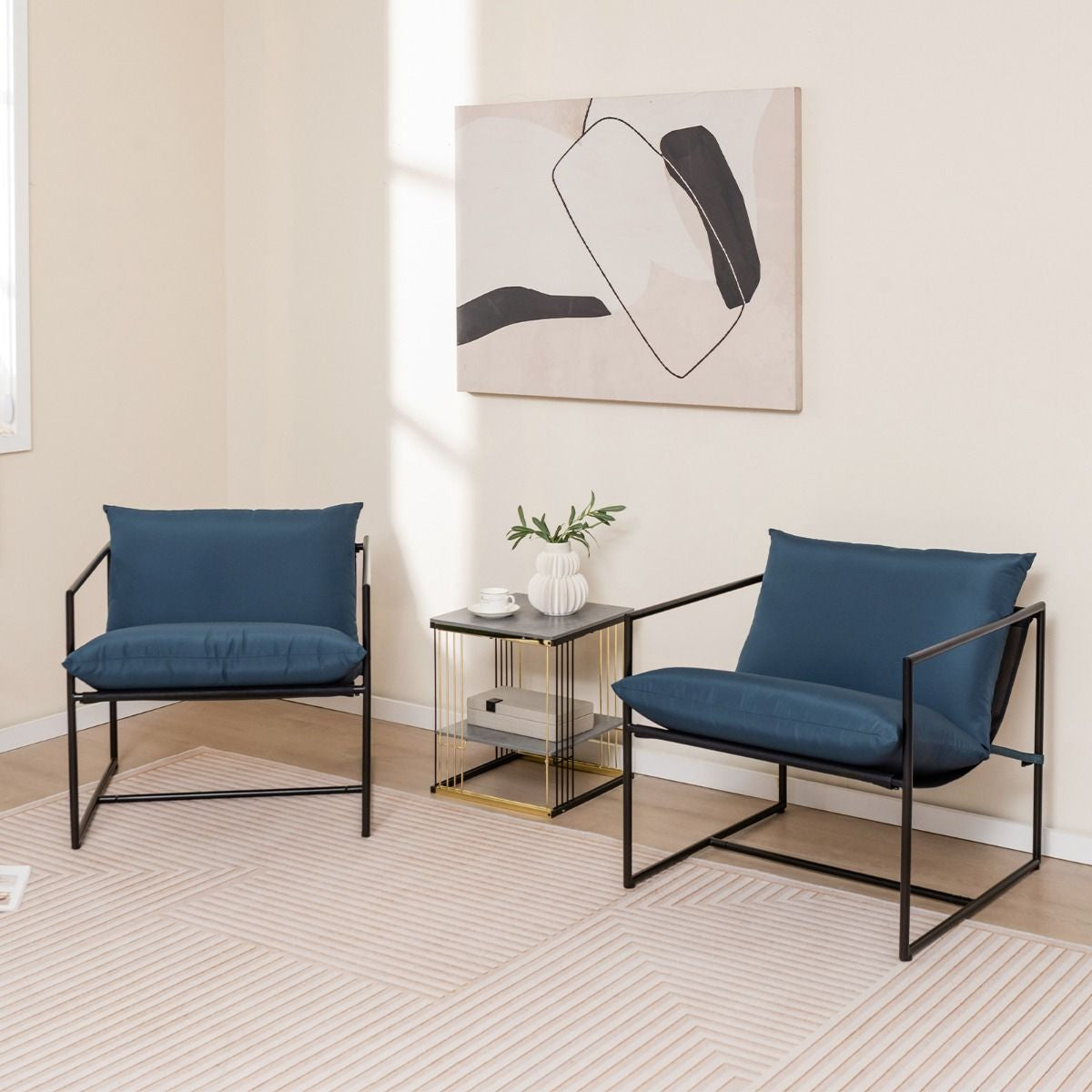 Set Di 2 Sedie a Sdraio Sling Con Cuscini per Sedile Schienale Telaio Metallico, Poltrone Da Interno Moderne Blu Scuro