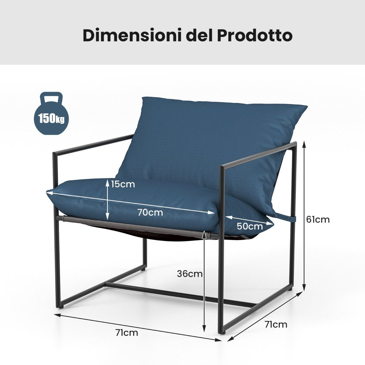 Set Di 2 Sedie a Sdraio Sling Con Cuscini per Sedile Schienale Telaio Metallico, Poltrone Da Interno Moderne Blu Scuro