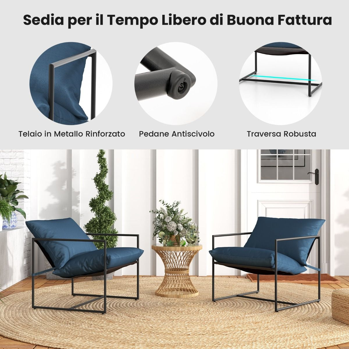 Set Di 2 Sedie a Sdraio Sling Con Cuscini per Sedile Schienale Telaio Metallico, Poltrone Da Interno Moderne Blu Scuro
