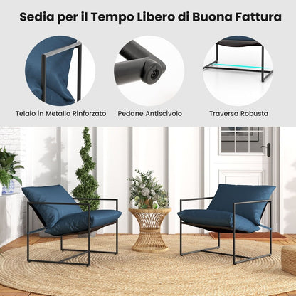 Set Di 2 Sedie a Sdraio Sling Con Cuscini per Sedile Schienale Telaio Metallico, Poltrone Da Interno Moderne Blu Scuro