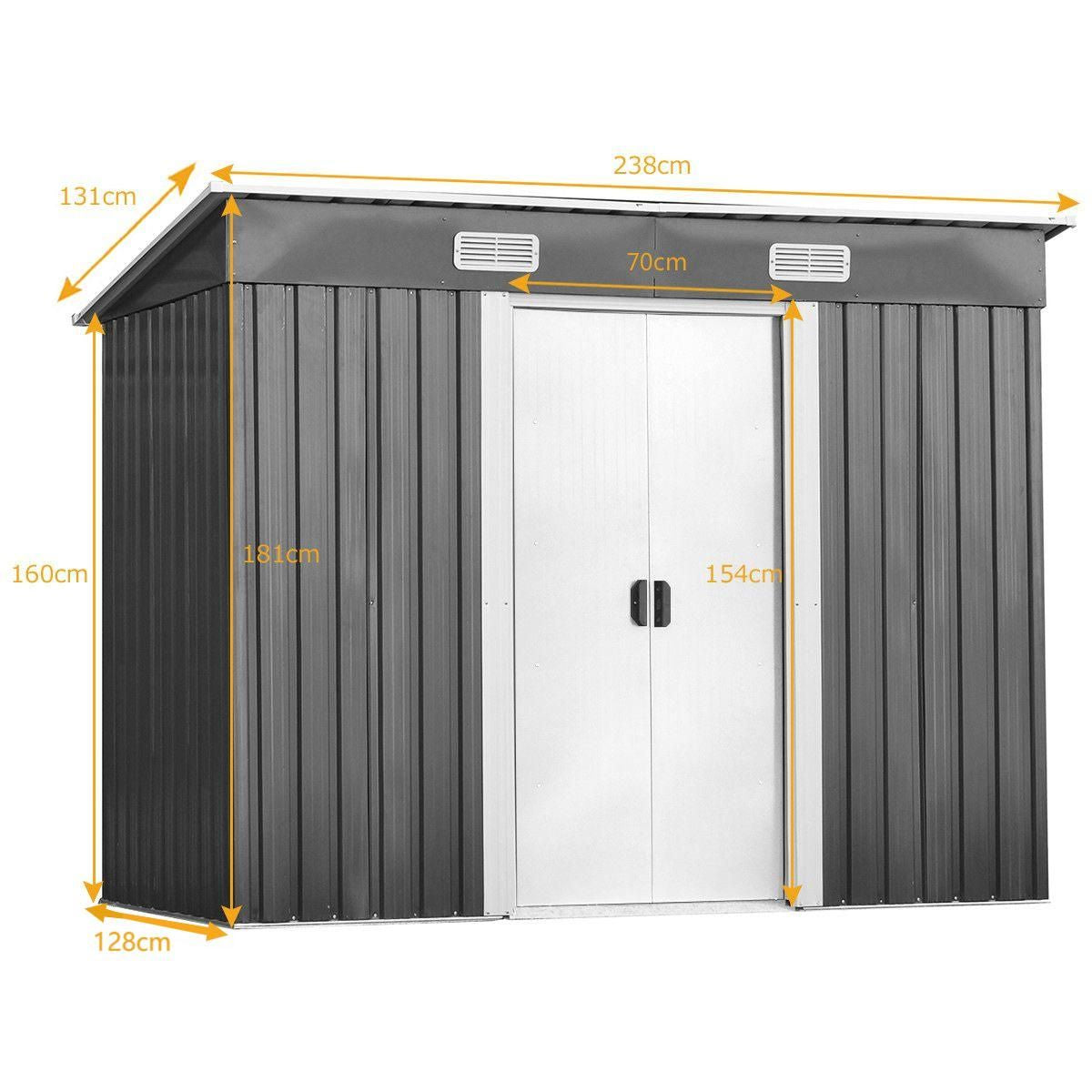 Casetta Da Giardino in Metallo Con Ante Scorrevoli E Maniglie, Casetta per Attrezzi 238X128X181Cm Grigio