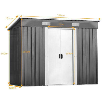Casetta Da Giardino in Metallo Con Ante Scorrevoli E Maniglie, Casetta per Attrezzi 238X128X181Cm Grigio