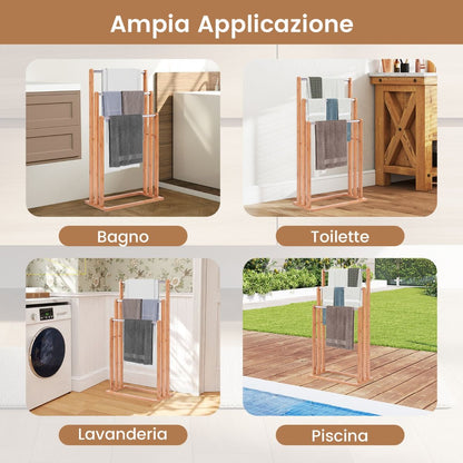Porta Asciugamani in Legno di Bambù con 3 Barre in Acciaio Inox, Dimensioni 46x24x84 cm