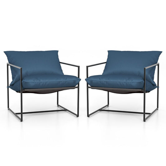 Set Di 2 Sedie a Sdraio Sling Con Cuscini per Sedile Schienale Telaio Metallico, Poltrone Da Interno Moderne Blu Scuro
