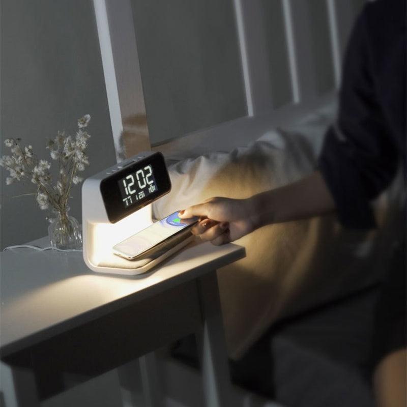 3-in-1 Bedside Lamp with Wireless Charging, LCD Screen, and Alarm Clock Functionality