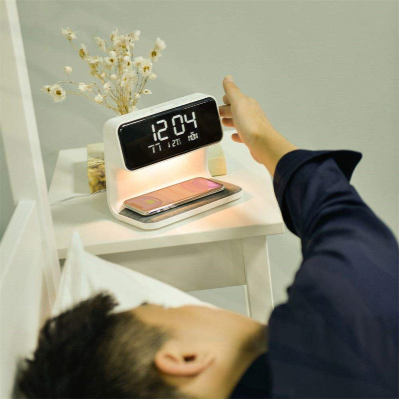 3-in-1 Bedside Lamp with Wireless Charging, LCD Screen, and Alarm Clock Functionality