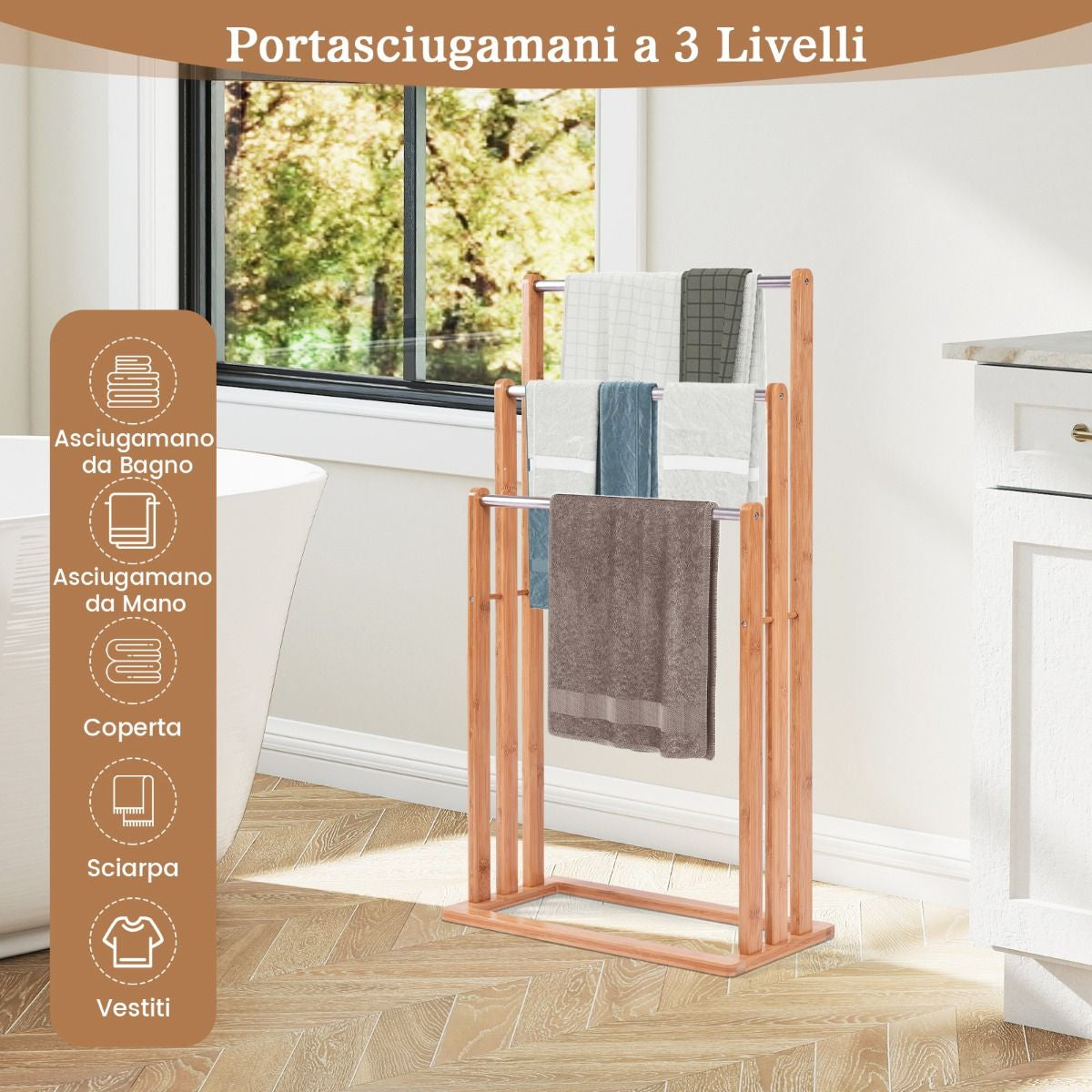 Porta Asciugamani in Legno di Bambù con 3 Barre in Acciaio Inox, Dimensioni 46x24x84 cm