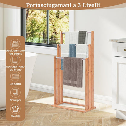 Porta Asciugamani in Legno di Bambù con 3 Barre in Acciaio Inox, Dimensioni 46x24x84 cm