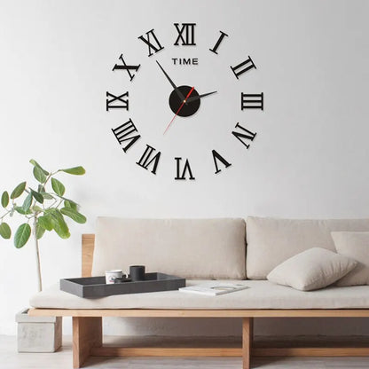 3D Acrylic Roman Numeral Mirror Wall Clock - Large Round DIY Self-Adhesive Design