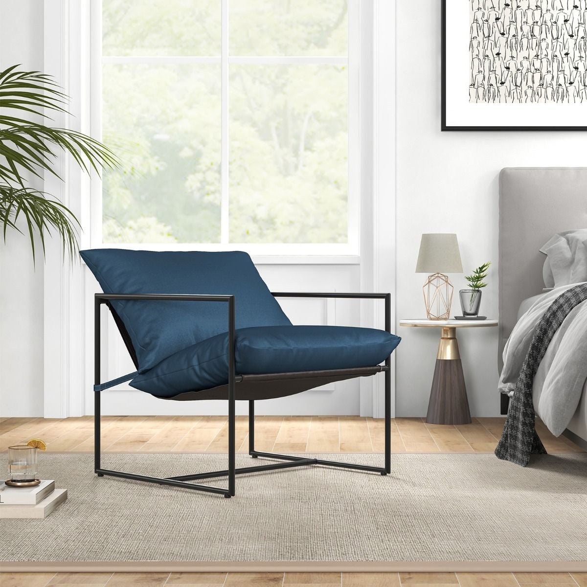 Set Di 2 Sedie a Sdraio Sling Con Cuscini per Sedile Schienale Telaio Metallico, Poltrone Da Interno Moderne Blu Scuro