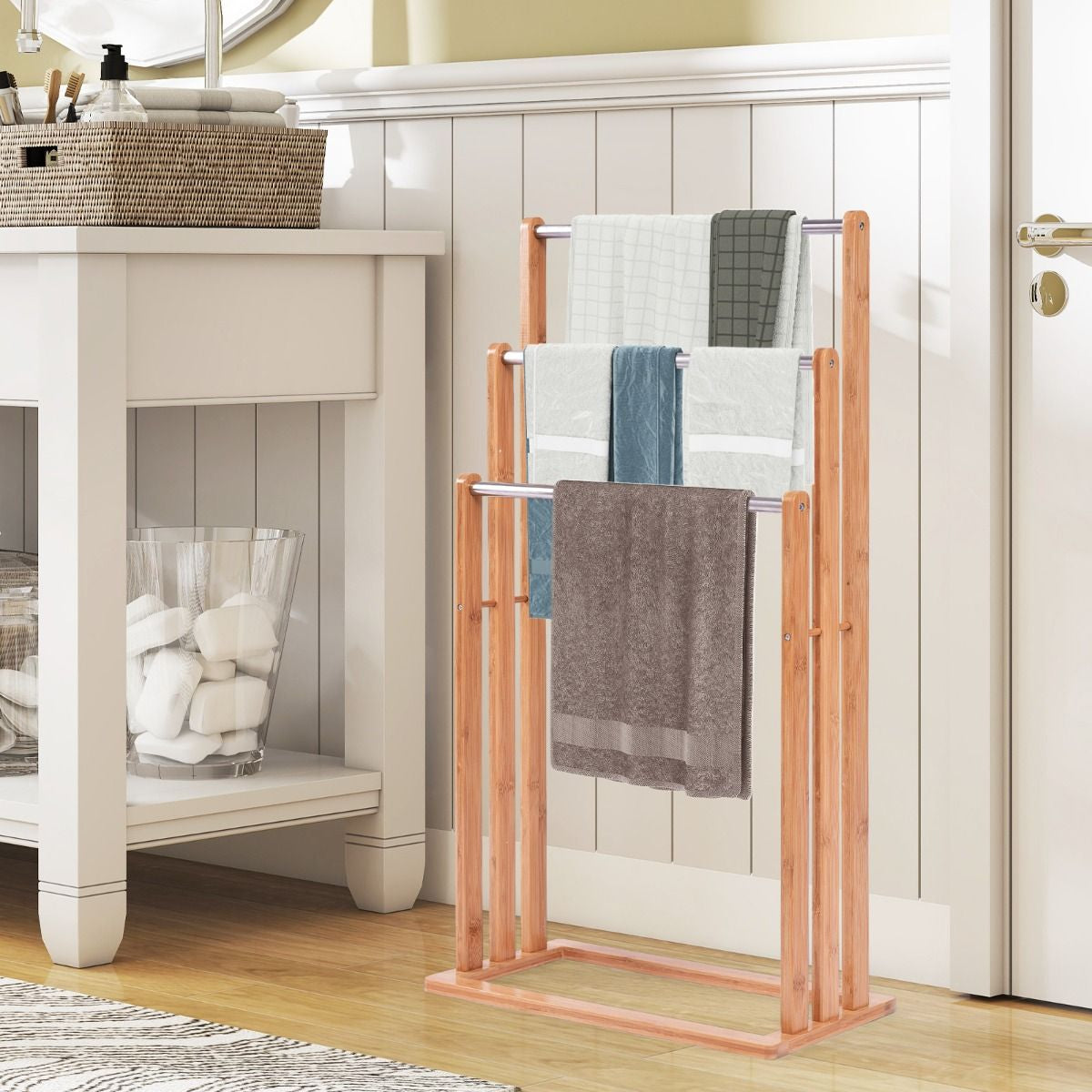Porta Asciugamani in Legno di Bambù con 3 Barre in Acciaio Inox, Dimensioni 46x24x84 cm
