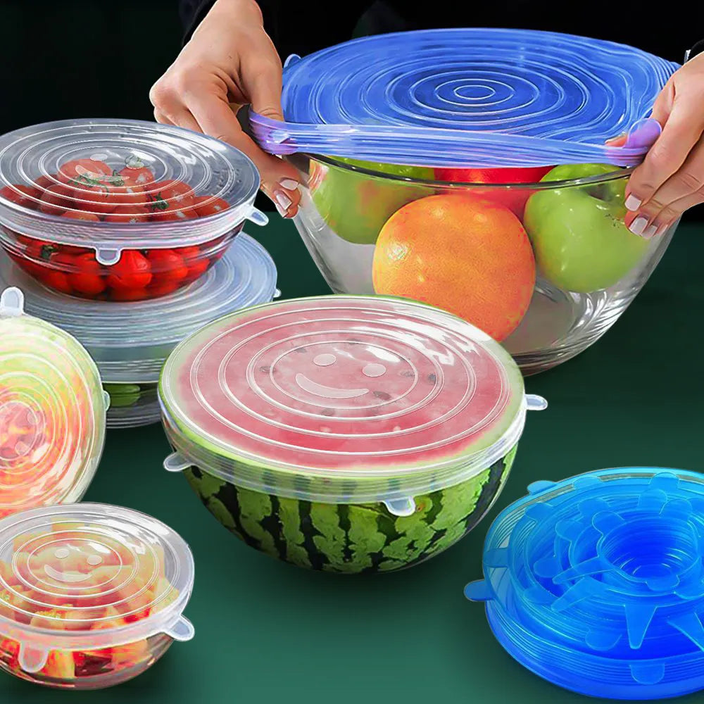 Set of 6 Universal Silicone Stretch Lids for Kitchen and Microwave Food Storage