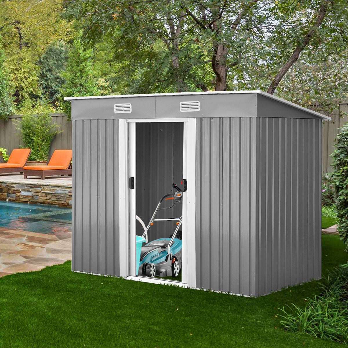 Casetta Da Giardino in Metallo Con Ante Scorrevoli E Maniglie, Casetta per Attrezzi 238X128X181Cm Grigio