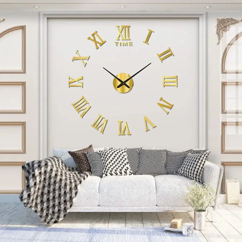3D Acrylic Roman Numeral Mirror Wall Clock - Large Round DIY Self-Adhesive Design