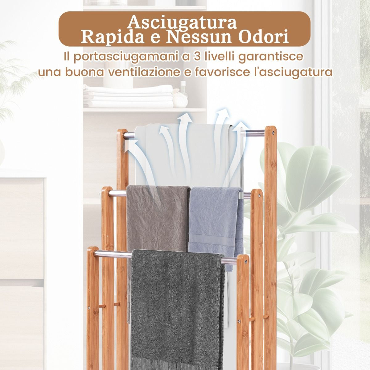 Porta Asciugamani in Legno di Bambù con 3 Barre in Acciaio Inox, Dimensioni 46x24x84 cm