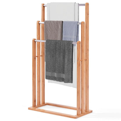 Porta Asciugamani in Legno di Bambù con 3 Barre in Acciaio Inox, Dimensioni 46x24x84 cm