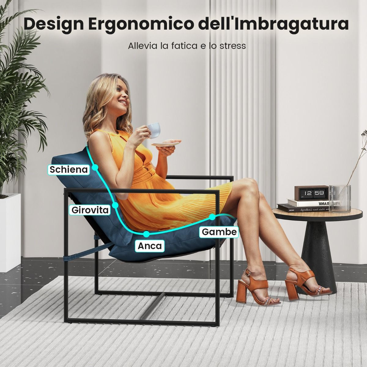 Set Di 2 Sedie a Sdraio Sling Con Cuscini per Sedile Schienale Telaio Metallico, Poltrone Da Interno Moderne Blu Scuro