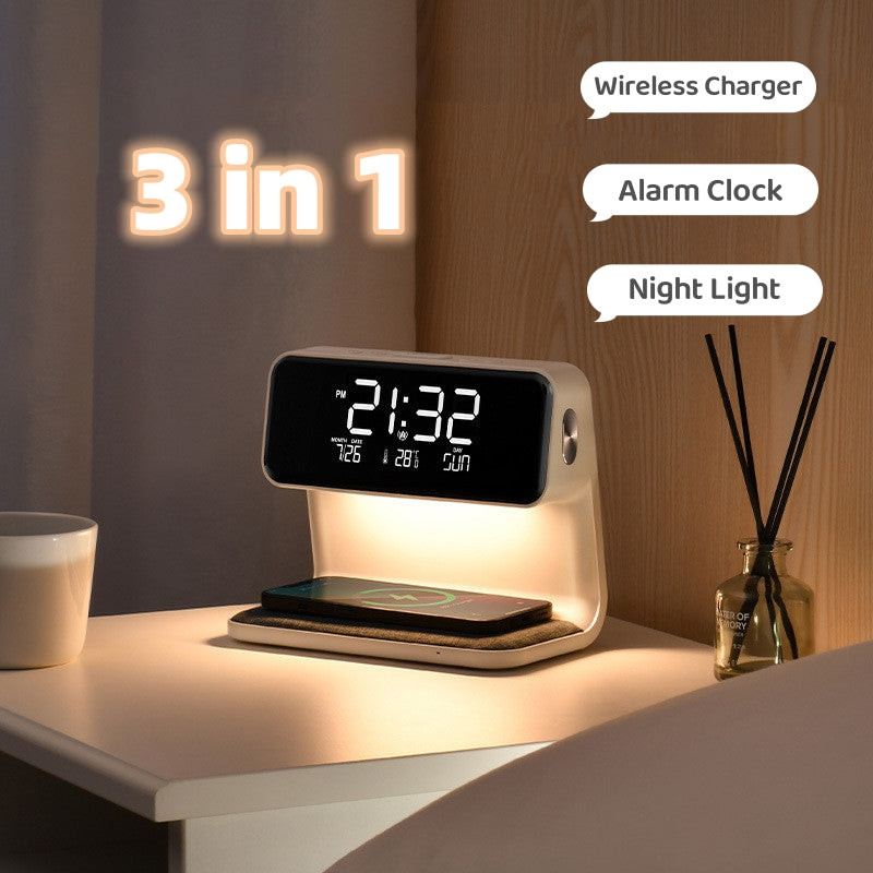 3-in-1 Bedside Lamp with Wireless Charging, LCD Screen, and Alarm Clock Functionality