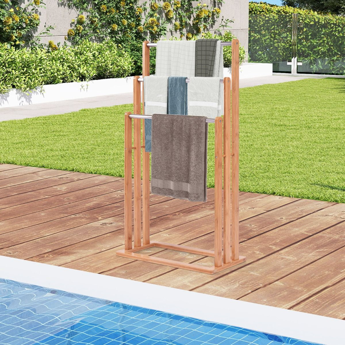 Porta Asciugamani in Legno di Bambù con 3 Barre in Acciaio Inox, Dimensioni 46x24x84 cm