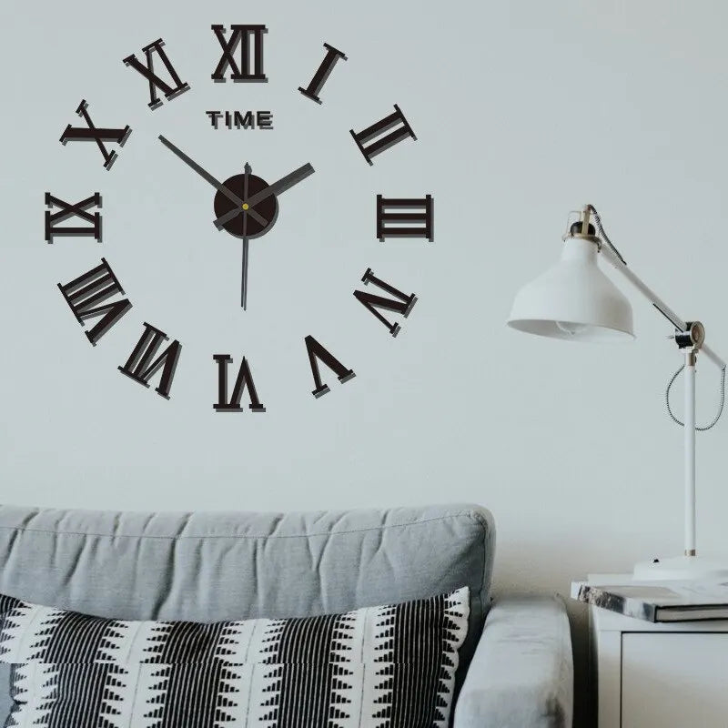 3D Acrylic Roman Numeral Mirror Wall Clock - Large Round DIY Self-Adhesive Design