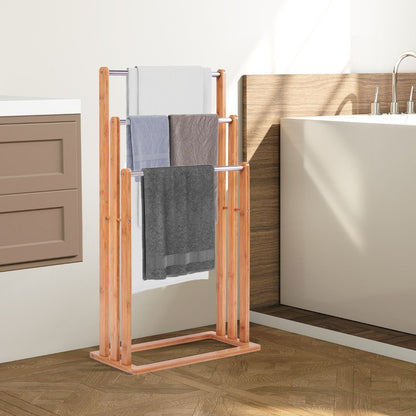 Porta Asciugamani in Legno di Bambù con 3 Barre in Acciaio Inox, Dimensioni 46x24x84 cm