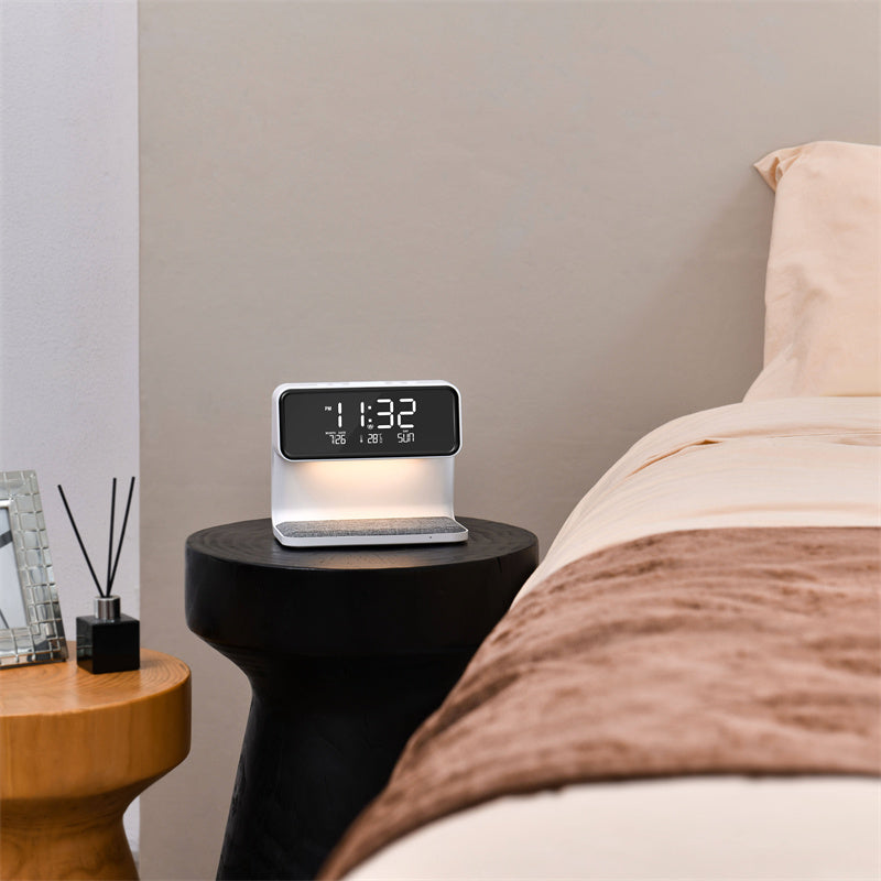 3-in-1 Bedside Lamp with Wireless Charging, LCD Screen, and Alarm Clock Functionality