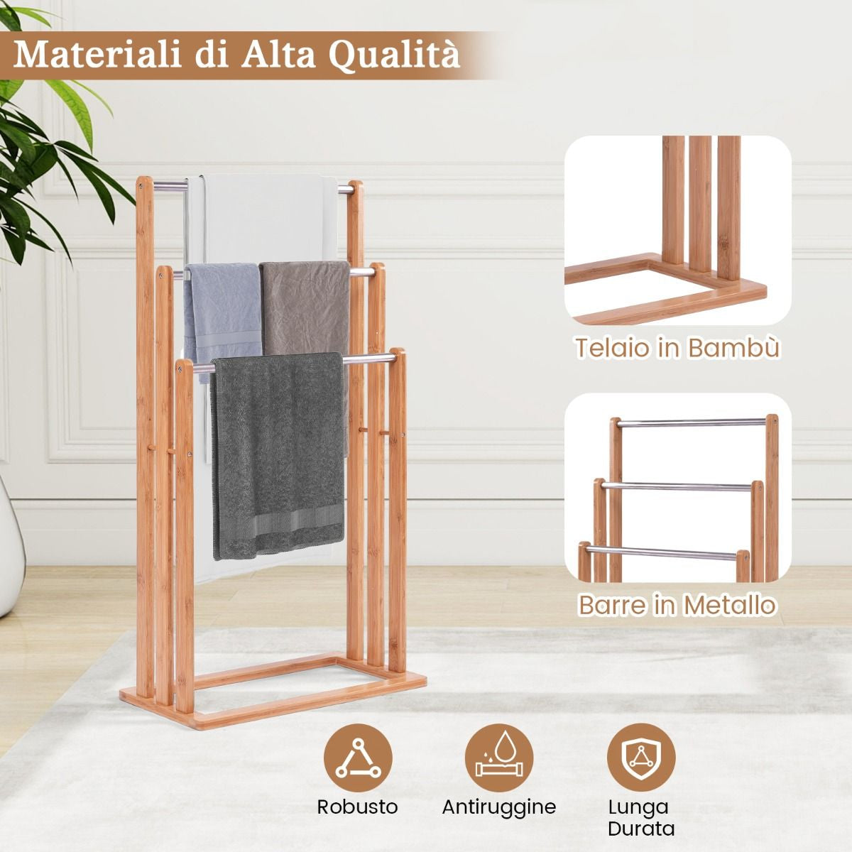 Porta Asciugamani in Legno di Bambù con 3 Barre in Acciaio Inox, Dimensioni 46x24x84 cm