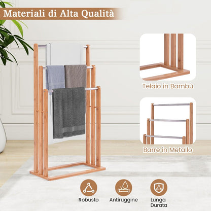 Porta Asciugamani in Legno di Bambù con 3 Barre in Acciaio Inox, Dimensioni 46x24x84 cm