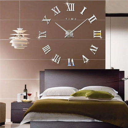 3D Acrylic Roman Numeral Mirror Wall Clock - Large Round DIY Self-Adhesive Design