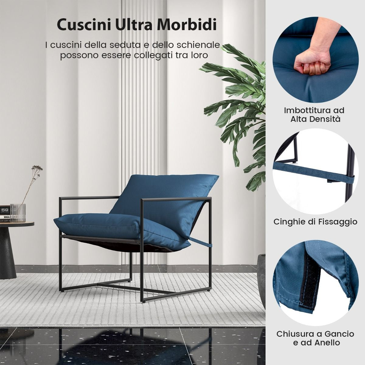 Set Di 2 Sedie a Sdraio Sling Con Cuscini per Sedile Schienale Telaio Metallico, Poltrone Da Interno Moderne Blu Scuro