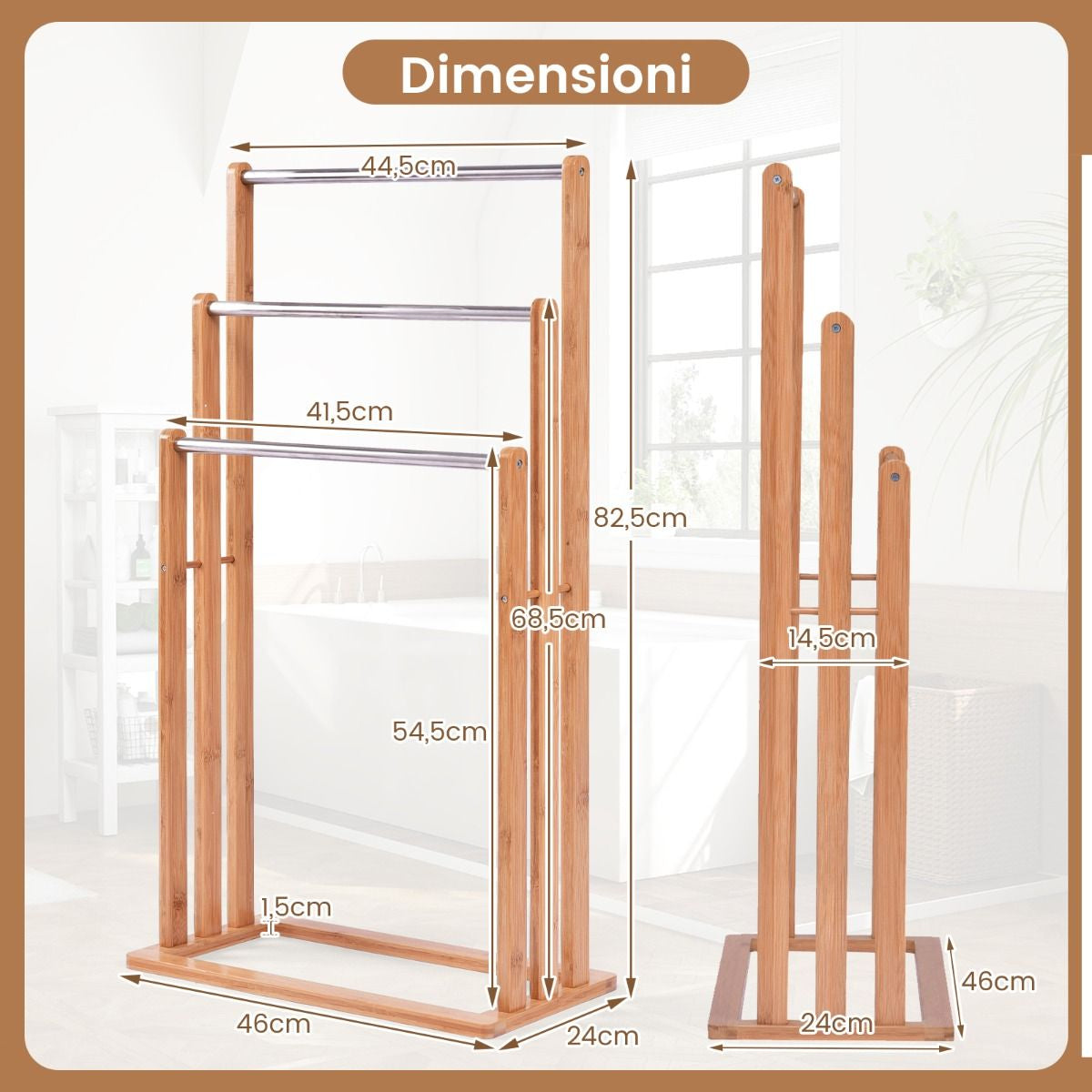 Porta Asciugamani in Legno di Bambù con 3 Barre in Acciaio Inox, Dimensioni 46x24x84 cm