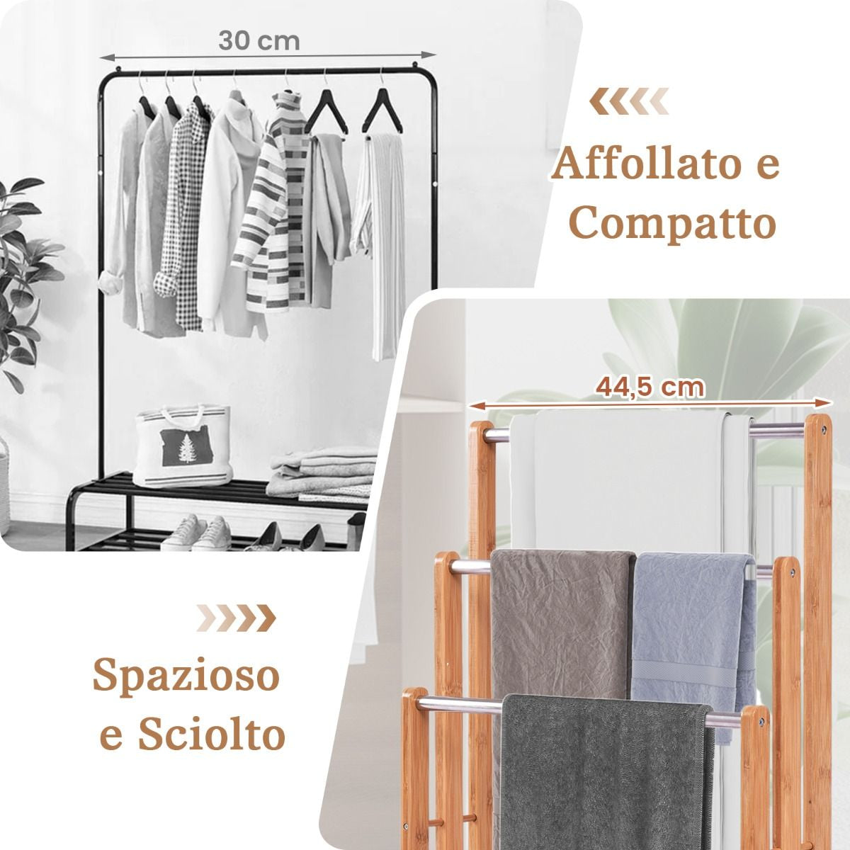 Porta Asciugamani in Legno di Bambù con 3 Barre in Acciaio Inox, Dimensioni 46x24x84 cm