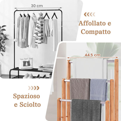 Porta Asciugamani in Legno di Bambù con 3 Barre in Acciaio Inox, Dimensioni 46x24x84 cm